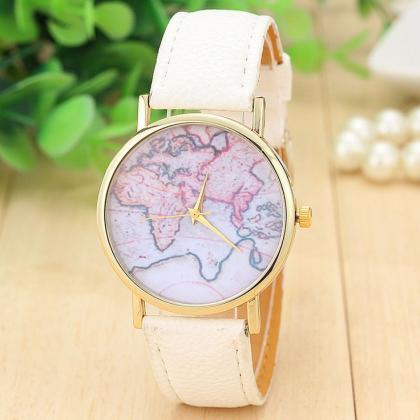 Woman Wrist Watch,world Map Casual Pu Leather..