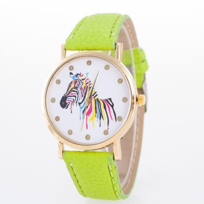 Woman Wrist Watch,zebra Colorful Face Pu Leather..