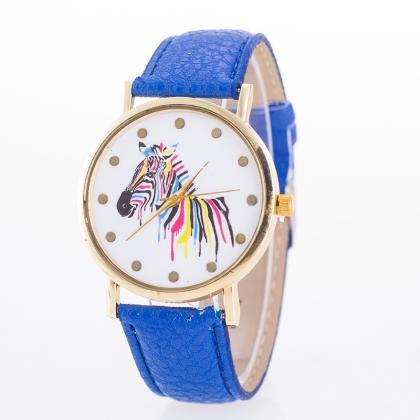 Woman Wrist Watch,zebra Colorful Face Pu Leather..