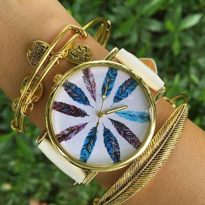 Colorful Feathers Watch, Vintage Style Leather..