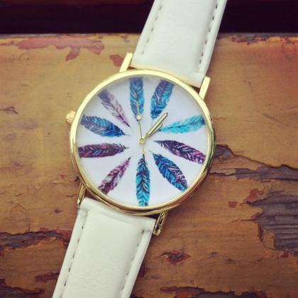 Colorful Feathers Watch, Vintage Style Leather..