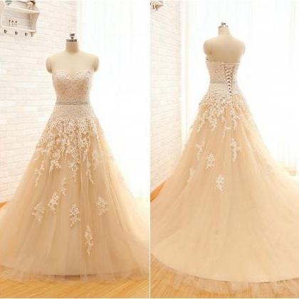 Champagne Floor Length Lace Tulle A-line Wedding..