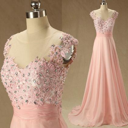 Pink Prom Dress, Cap Sleeve Prom Dress, Scoop Neck..
