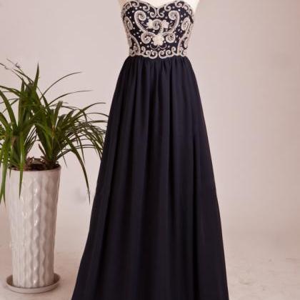 Navy Blue Chiffon Floor Length Prom Dress..