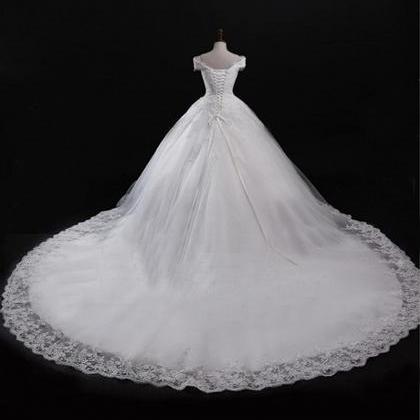 Bateau Neckline A-line Lace Appliqué Wedding Gown..