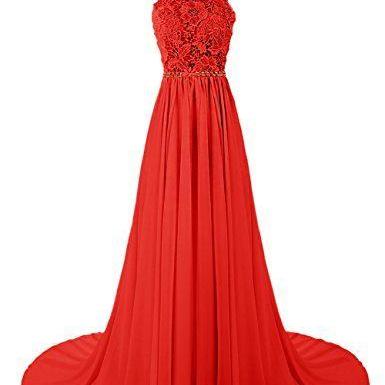 Red Lace Halter Neck Floor Length Chiffon A-line..