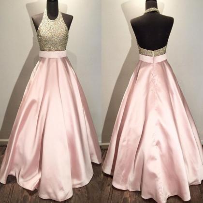 Pink Satin A-line Long Prom Dress With Crystal..