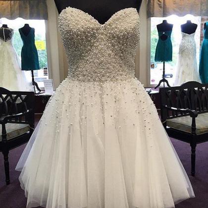 Party Dress, Pearl Beaded White Homecoming Dress..