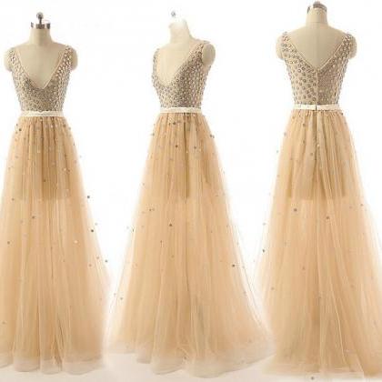 Long Prom Dress, Champagne Prom Dress, Tulle Prom..