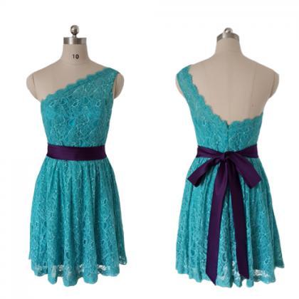 Blue One-shoulder Lace Short Homecoming Dress,..