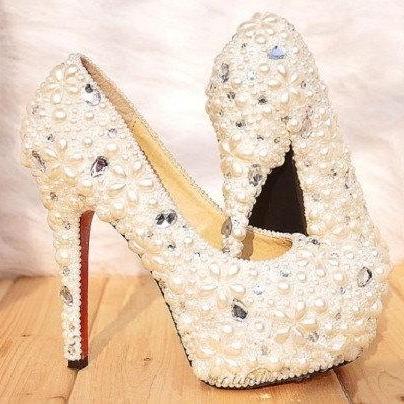 Women High Heel Shoes With Pearl ,pearl Wedding..
