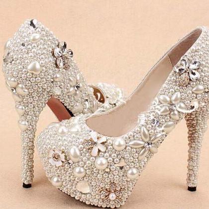 Customized Wedding Shoes High Heels Pearl Flower..
