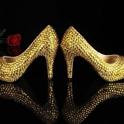 Yellow Rhinestone Wedding Bridal Shoes Fashion..