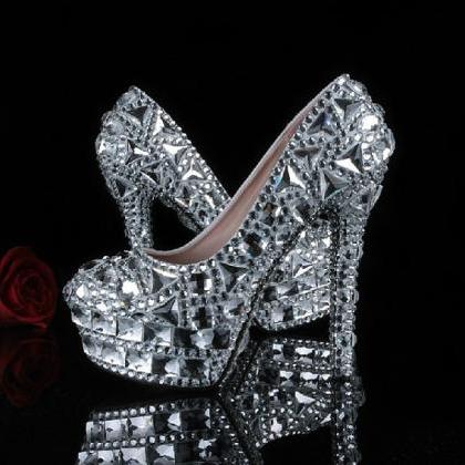 Fashion Silver Rhinestone Wedding Party Prom Shoes..