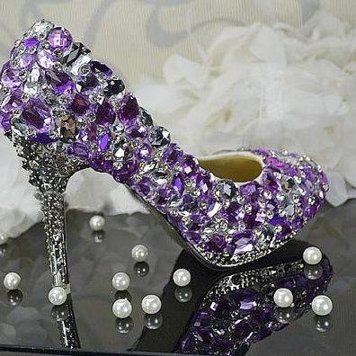 Women Purple Crystal Wedding Shoes Luxurious..