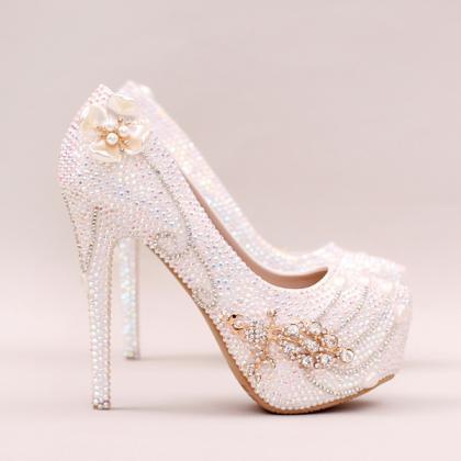 Pearl Wedding Shoes, Bridal Shoes, Bridal, Women Peep Toe Shoes Lady Evening Party Club High Heel Dress Shoes