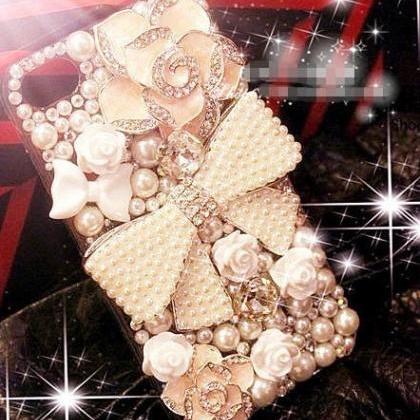 Luxury Bow Flower Pearl Hard Back Mobile Phone..