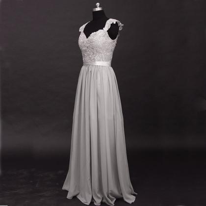 Long Bridesmaid Dress, Grey Bridesmaid Dress, Lace..