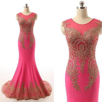 Lace Gold And Pink Mermaid Chiffon Long Prom Dress