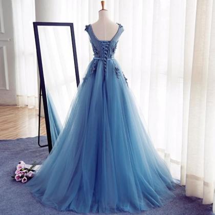 Prom Gownblue Floor Length Tulle A-line Prom Gown..
