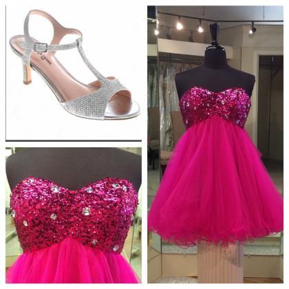 Homecoming Dress, Pink Sequins Beaded Sweetheart..
