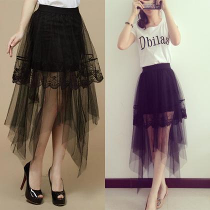 Asymmetric Hem Sheer Tulle Lace Skirt