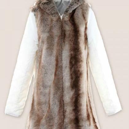 Fashion White Ice Cream Color Faux Fur Lined Coat