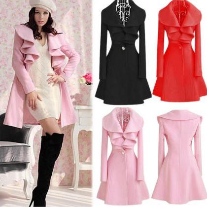 Classy Pink Ruffled Collar Design Winter Coat