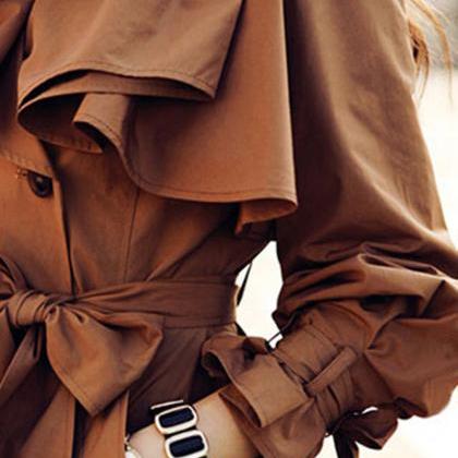 Fashion Style Elegant Ruffle Brown Women Coat