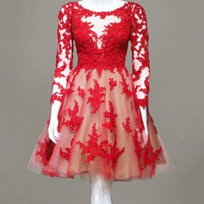 Red Lace Homecoming Dress,long Sleeve Homecoming..
