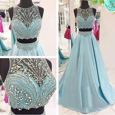 Two Pieces Long Prom Dress,ice Blue Beading Stain..