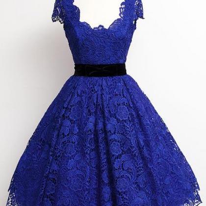 Charming Royal Blue Prom Dress Lace Evening Dress..