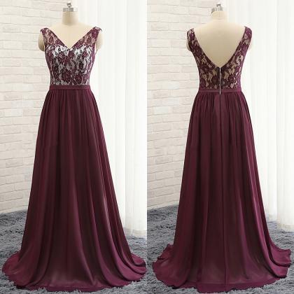 Lace Top A-line Floor-length Chiffon Dress Rust