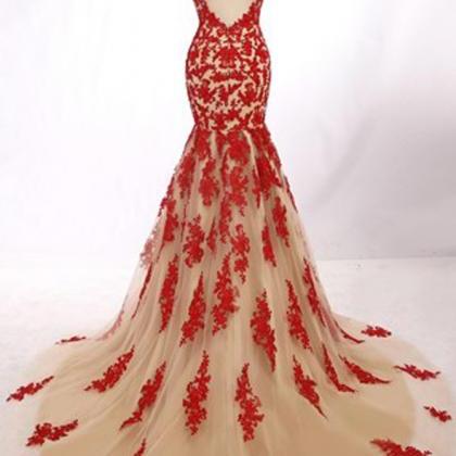 Red Lace Prom Dress ,prom Dress, Red Modern Jewel..