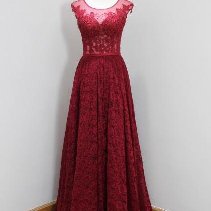 Round Neck Sheer Lace A-line Floor-length Prom..