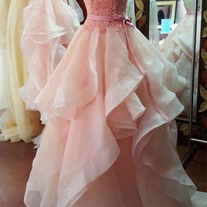 Charming Pink Beaded Lace Appliques Organza Prom..