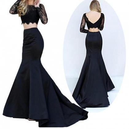 Black Two Pieces Long Sleeves Lace Sexy Prom Dress..