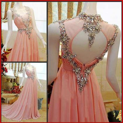 Pink Beaded Backless Chiffon Prom Dress,pink..