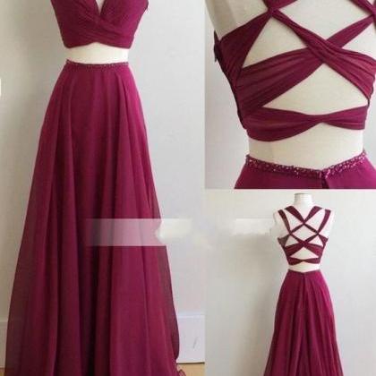 Two Piece Long Prom Dress, 2017 Burgundy Long Prom..