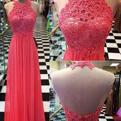 Custom Halter Watermelon Pink Prom Dress, Long..