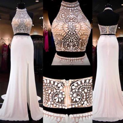 Two Piece White Beaded Prom Dress,sexy Beaded Two..