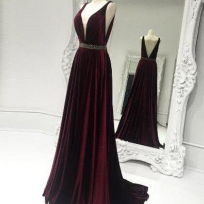 Elegant Burgundy V Neck Long Prom Dress, Burgundy..