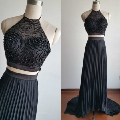 Gorgeous Two Pieces Black Beadings Prom Dresses,..