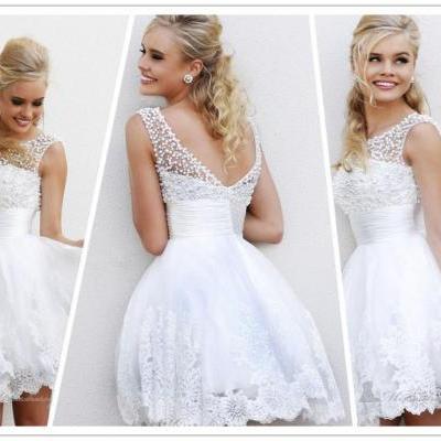 2015 Charming A Line Jewel Collar White Pearls Short Mini Party Gowns Prom Dresses Sheer Neck Homecoming Dress
