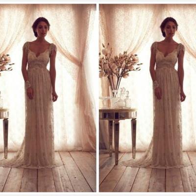 Luxury V Neck Anna Campbell Wedding Dresses Lace Crystal Beaded Bridal Gowns With Sleeves vestidos de novia 2015