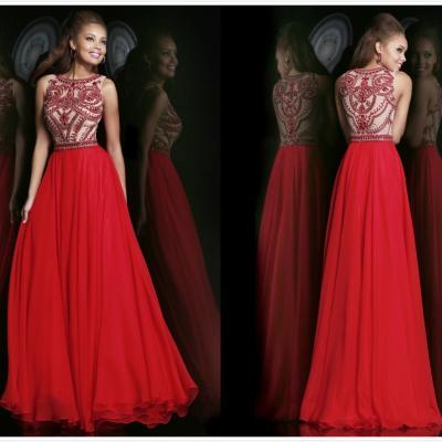 Elegant Beaded High Neck Red Chiffon Long Formal Evening Dresses Prom Party Gowns 2015 Hot Sale