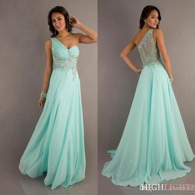 2015 Ner Arrival One Shoulder A-Line Chiffon Designer Dresses Crystal Beaded Prom Lace Dresses Evening Gowns
