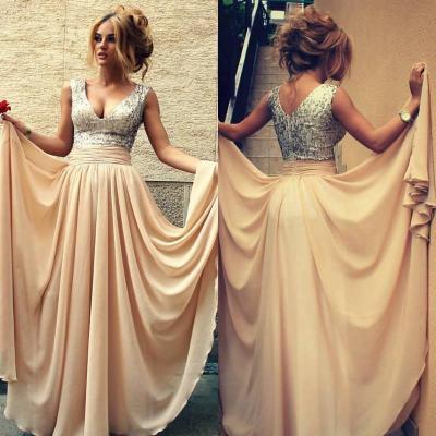 Hot Sale Sexy Special Occasion Dresses V Neck Sequin Pleats Formal A Line Long Chiffon Champagne Prom Dresses 2015