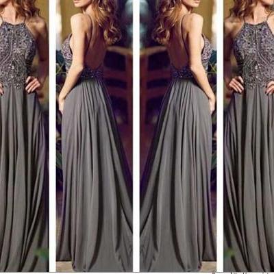 Gray Long Prom Dresses, Straps Prom Gowns,Beaded Evening Dresses, Backless Evening Gowns, Cocktail Dresses Custom