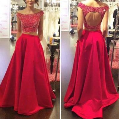 Red Prom Dresses,2 Piece Prom Gown,Two Piece Prom Dresses,Satin Prom Dresses,New Style Prom Gown, Prom Dress,Backless Prom Gowns With Cap Sleeves